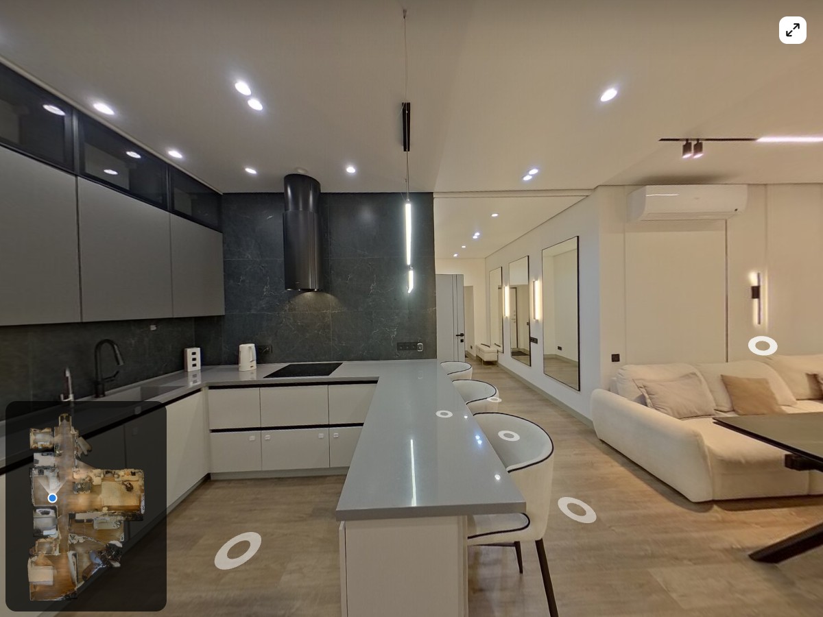 Kitchen and living room in an example 3D property tour